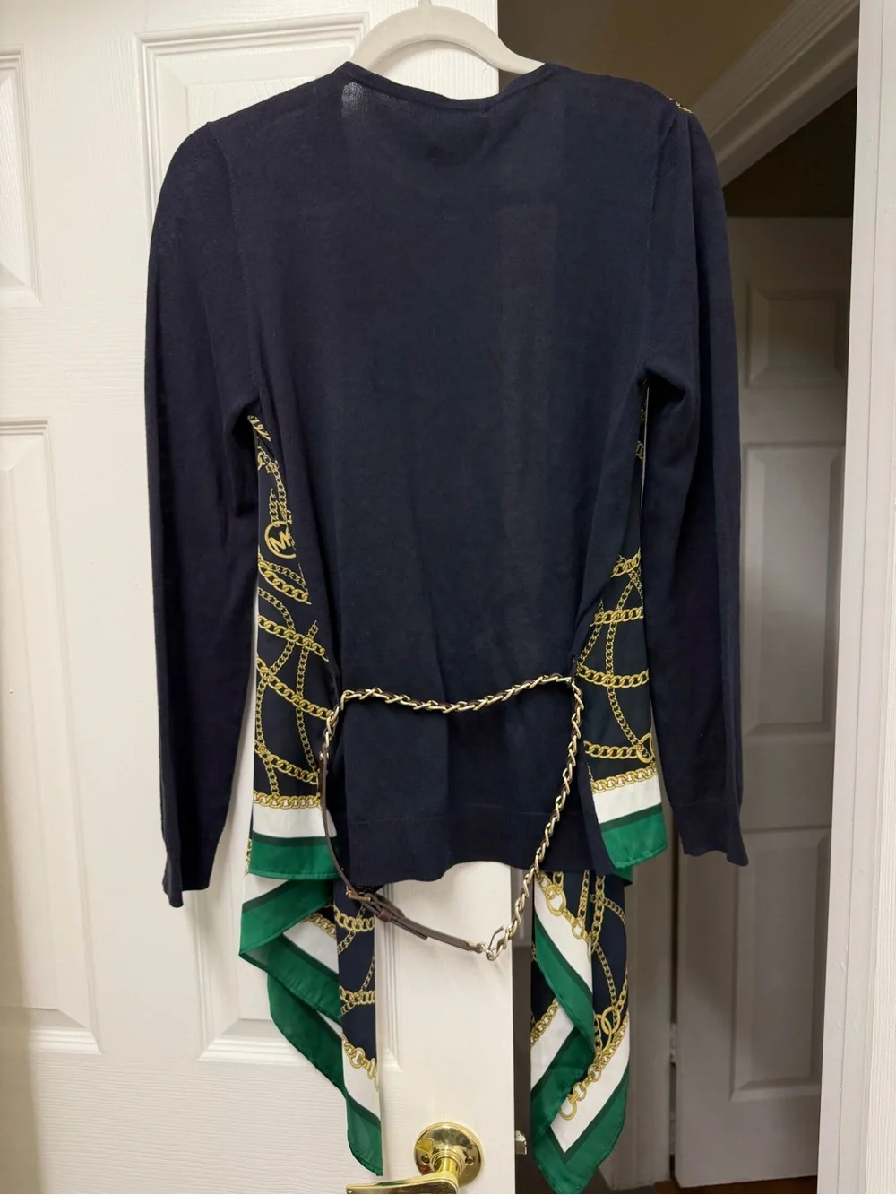 Michael Kors Navy Gold Chain Equestrian Print Satin Drape Cardigan Size S